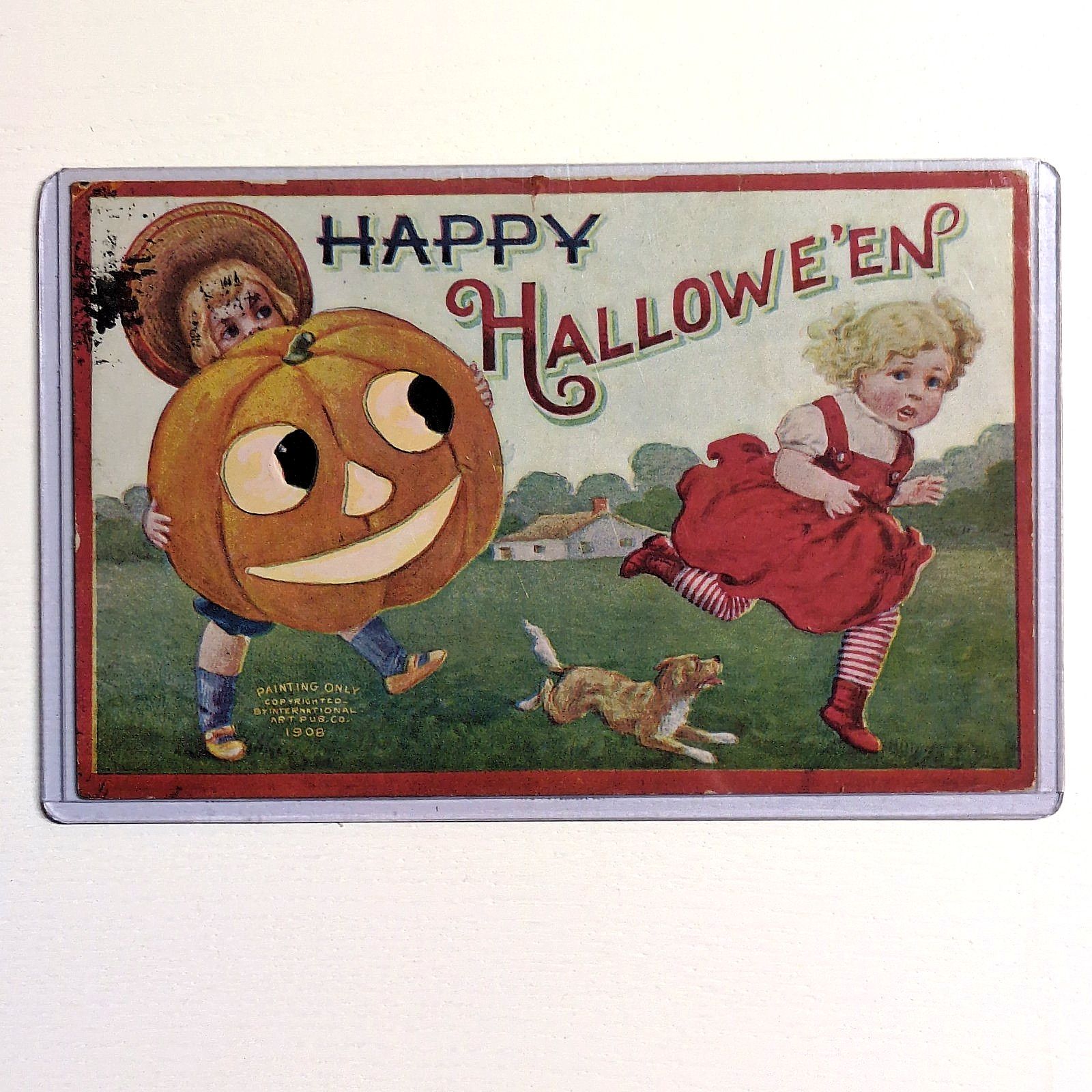 Antique 1908 Intl Art Halloween Postcard Large Pumpkin Children Dog Antique 1908 Intl Art Halloween Postcard Large Pumpkin Children Dog