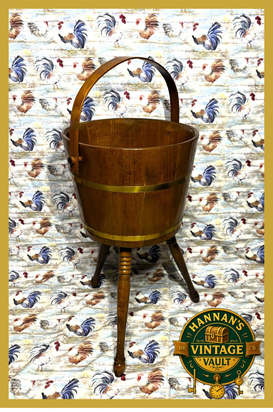 Vintage Wooden Bucket Planter on Legs Brass Tone Bands Handle Farmhouse Decor
