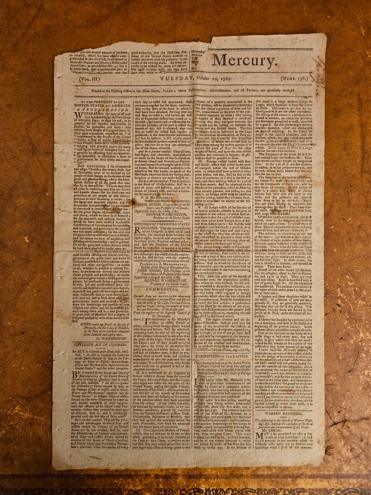 Thanksgiving Proclamation 1789 George Washington October 20, 1789 Salem Mercury Thanksgiving Proclamation 1789 George Washington October 20, 1789 Salem Mercury