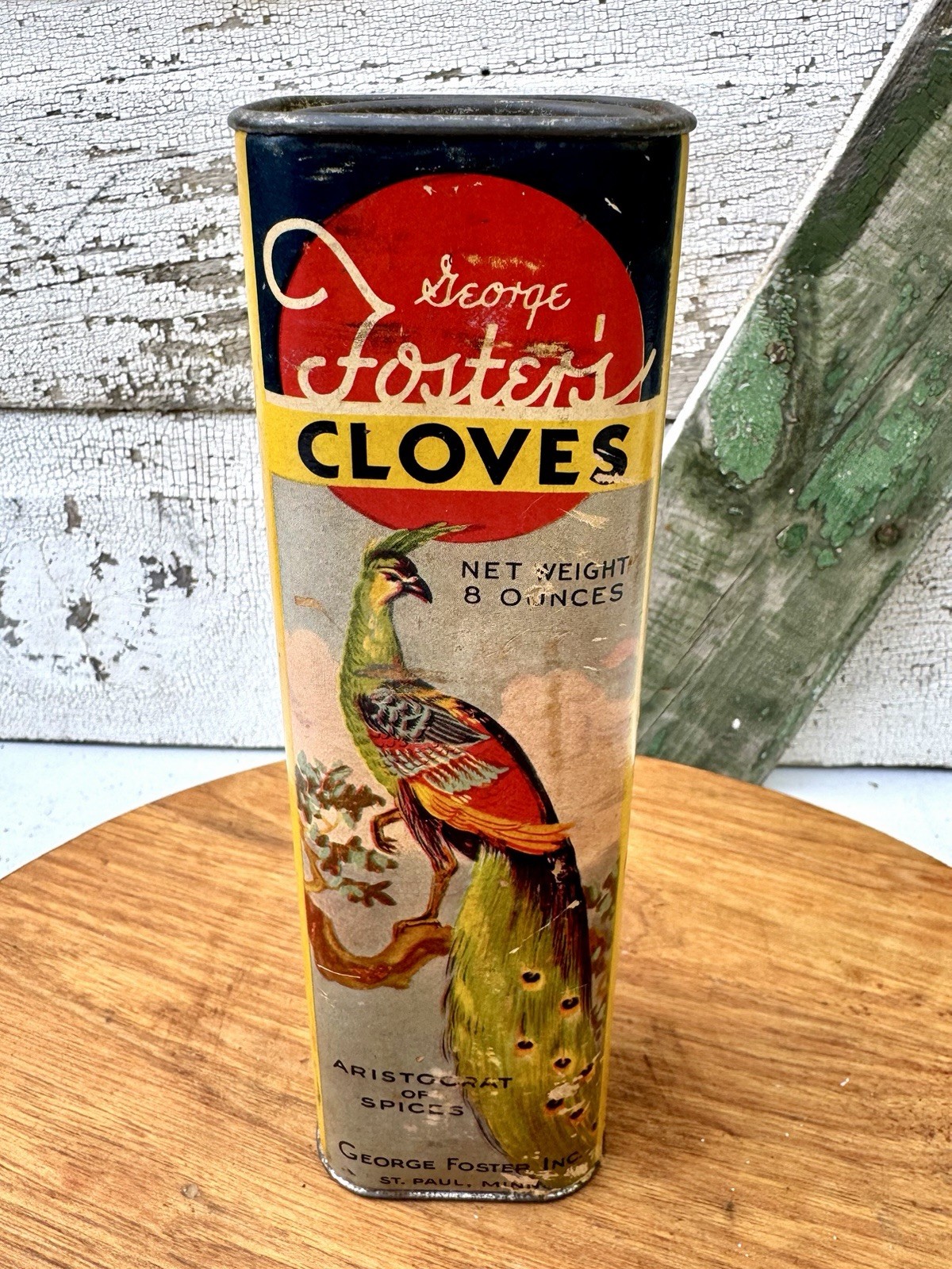 ANTIQUE GF FOSTER Cloves SPICE TIN Peacock BIRD ST PAUL MN COUNTRY STORE CAN ANTIQUE GF FOSTER Cloves SPICE TIN Peacock BIRD ST PAUL MN COUNTRY STORE CAN