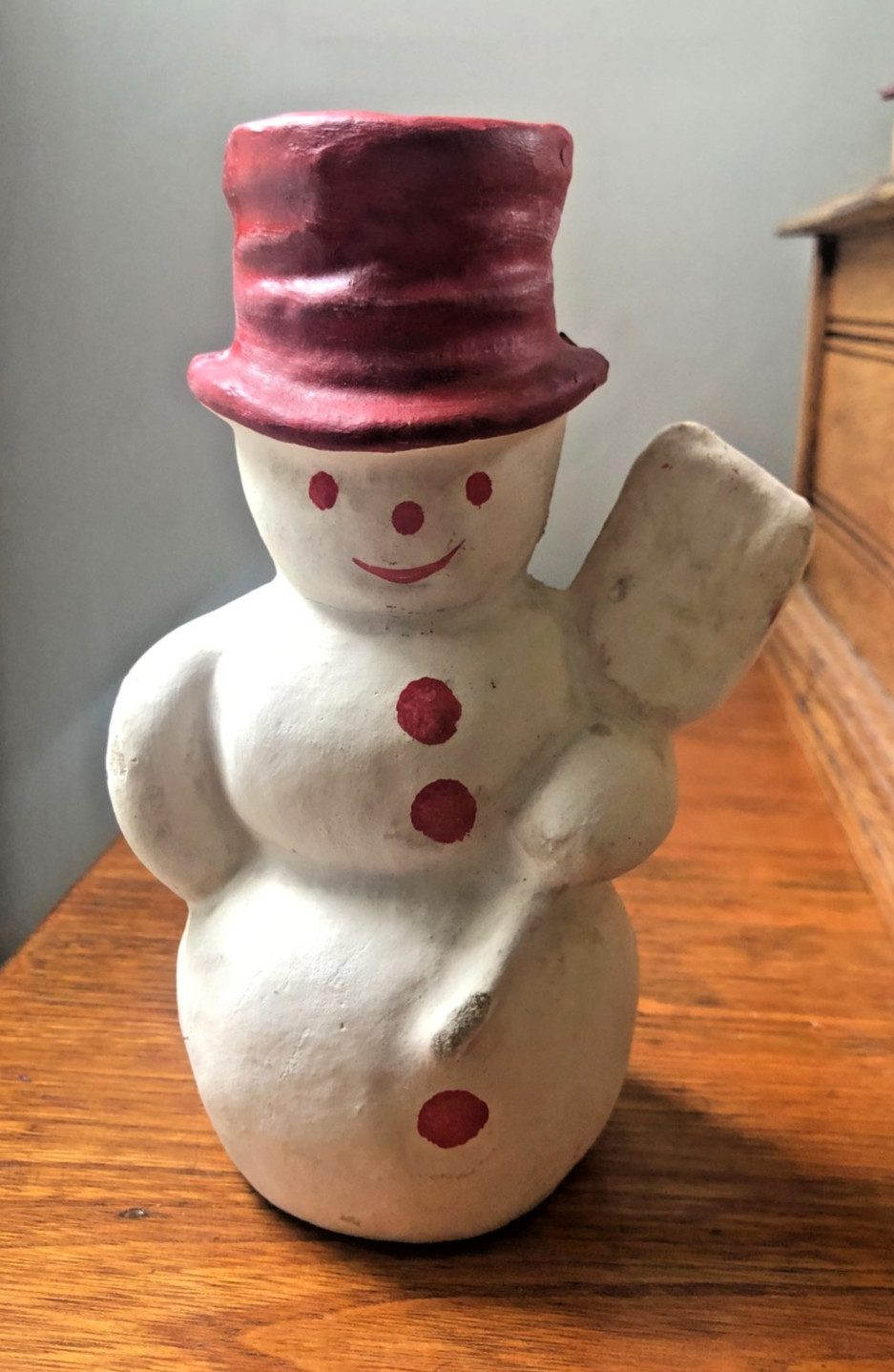 Vintage Papier Mache Snowman Candy Container with Red Hat broom 7" bright reds