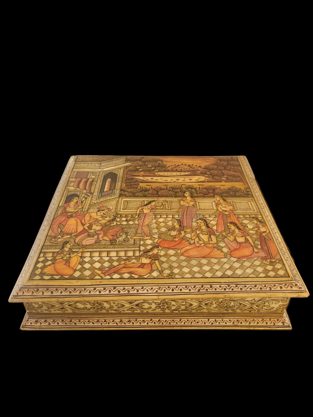 Vintage Indian Hand Painted Miniature Scene Keepsake Box 10" Square Vintage Indian Hand Painted Miniature Scene Keepsake Box 10" Square