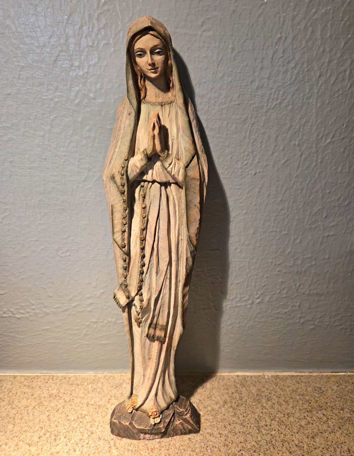 Vintage Italian Terracotta Our Lady of Lourdes Statue - 11.5" Carved Wood Look