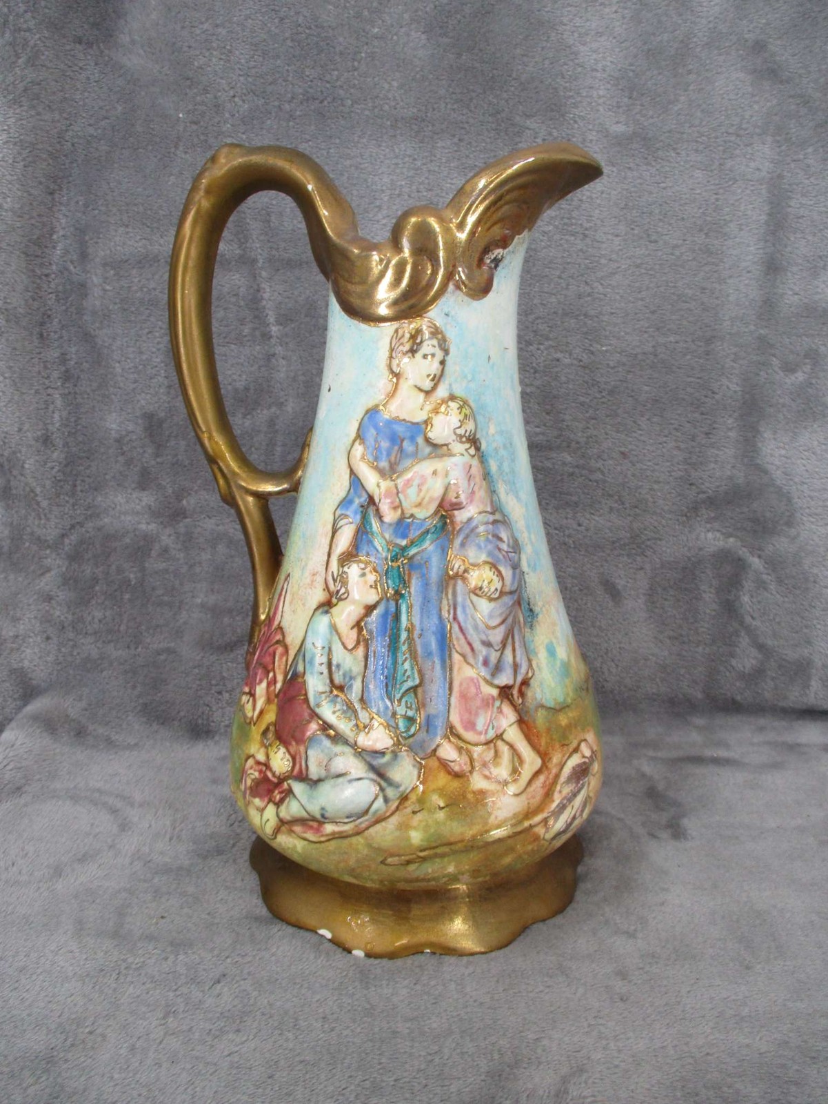 Antique Porcelain Pitcher Figural Scene Ornate Gold Trim Vintage Decorative Used Antique Porcelain Pitcher Figural Scene Ornate Gold Trim Vintage Decorative Used