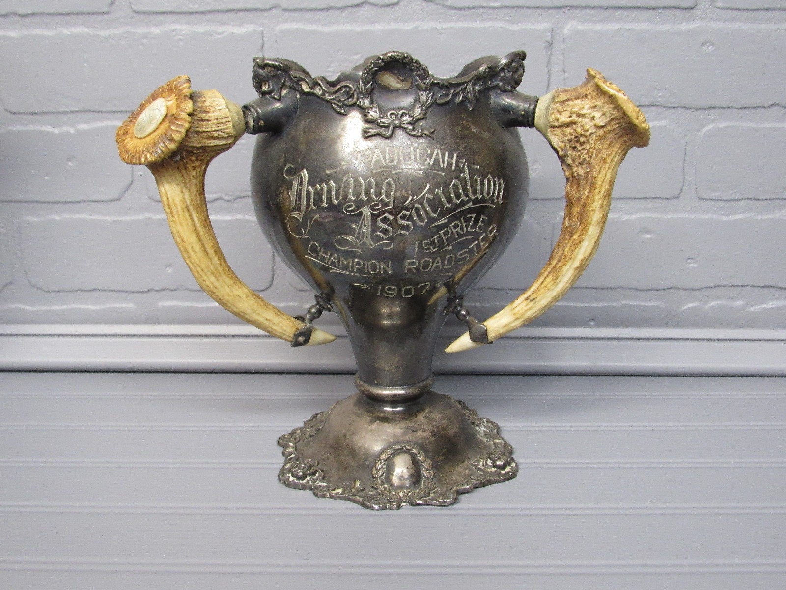RARE Antique 1907 Wilcox Trophy Three Antler Handles Loving Cup Car Racing RARE Antique 1907 Wilcox Trophy Three Antler Handles Loving Cup Car Racing