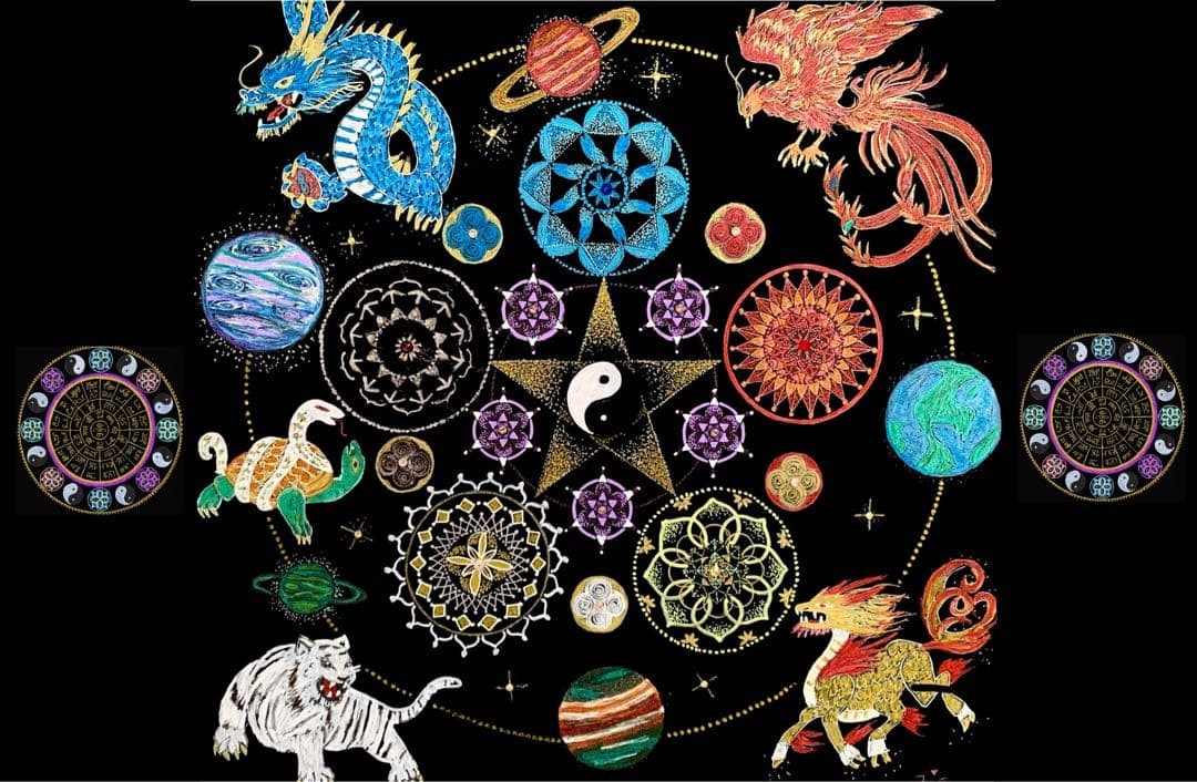 Japanese Futhomani Mandala Four Beasts & Kirin Vintage Japan Japanese Futhomani Mandala Four Beasts & Kirin Vintage Japan