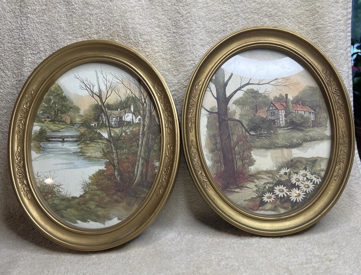 Homco Home Interiors Oval Gold Frames Cottage Stream Scenery 11 x 9 Wall Art Set Homco Home Interiors Oval Gold Frames Cottage Stream Scenery 11 x 9 Wall Art Set