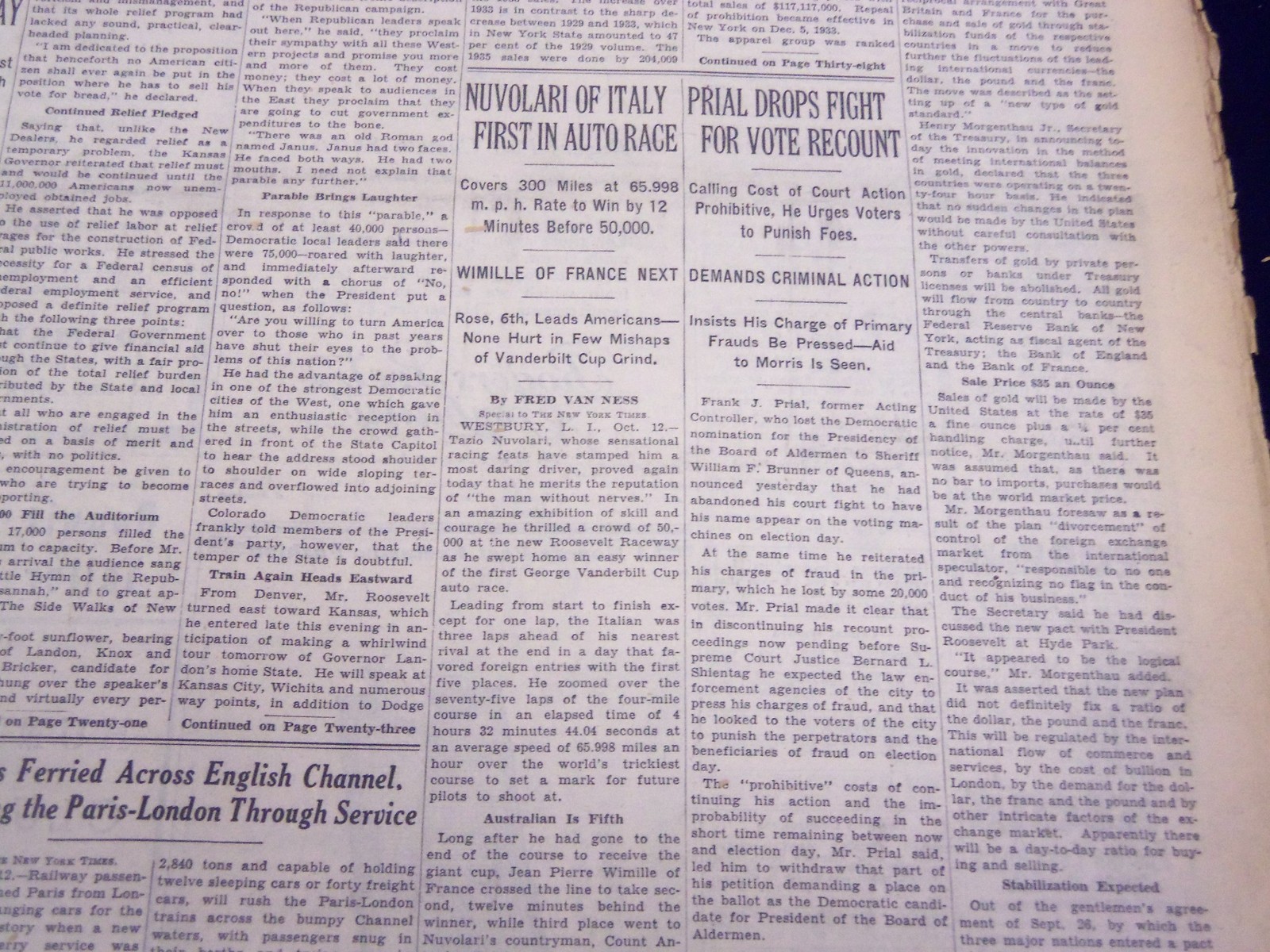 1936 OCT 13 NEW YORK TIMES - NUVOLARI OF ITALY FIRST IN AUTO RACE - NT 2117 1936 OCT 13 NEW YORK TIMES - NUVOLARI OF ITALY FIRST IN AUTO RACE - NT 2117