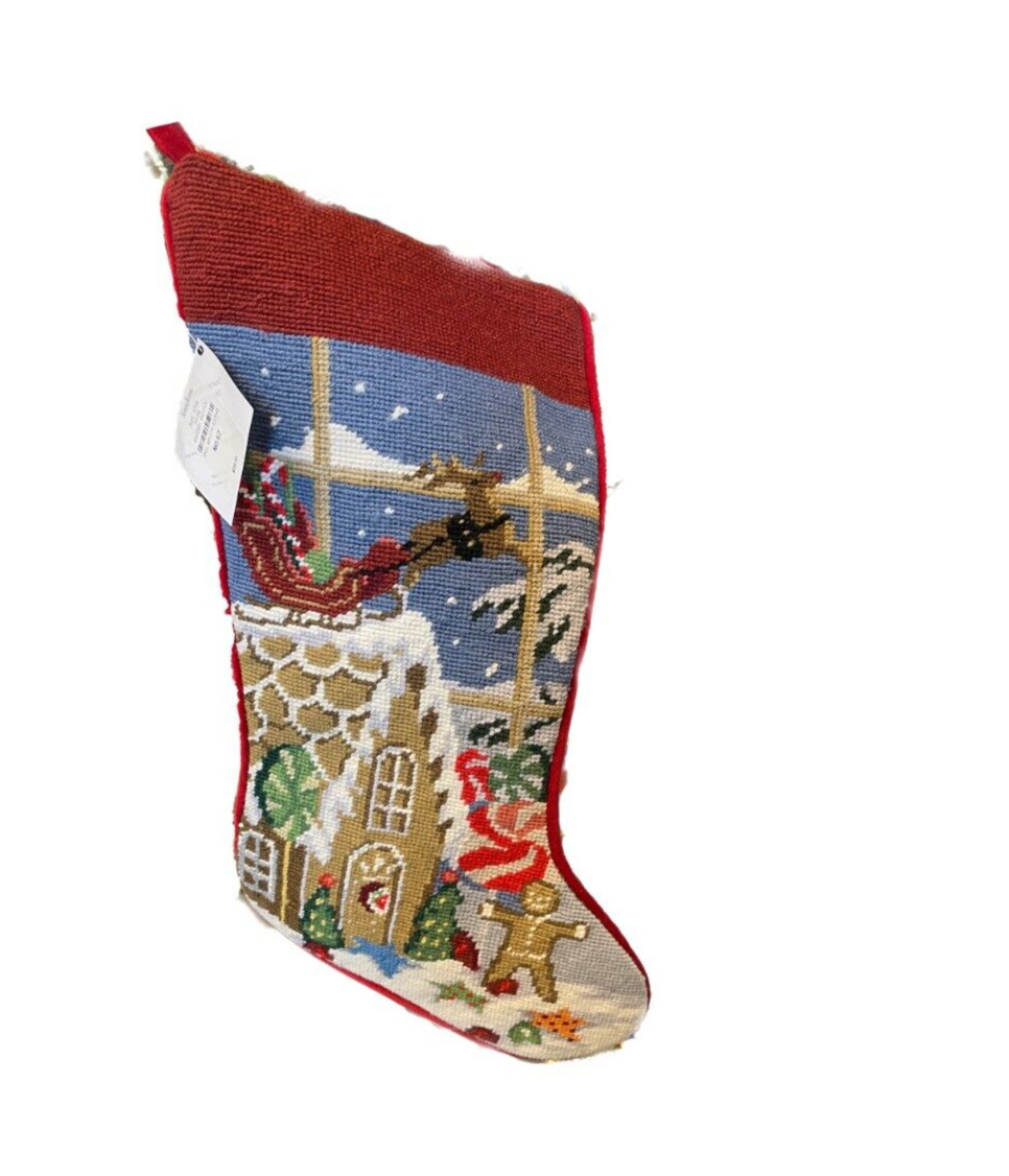New Sferra reindeer Sleigh gingerbread & gingerbread house Needlepoint Stocking New Sferra reindeer Sleigh gingerbread & gingerbread house Needlepoint Stocking