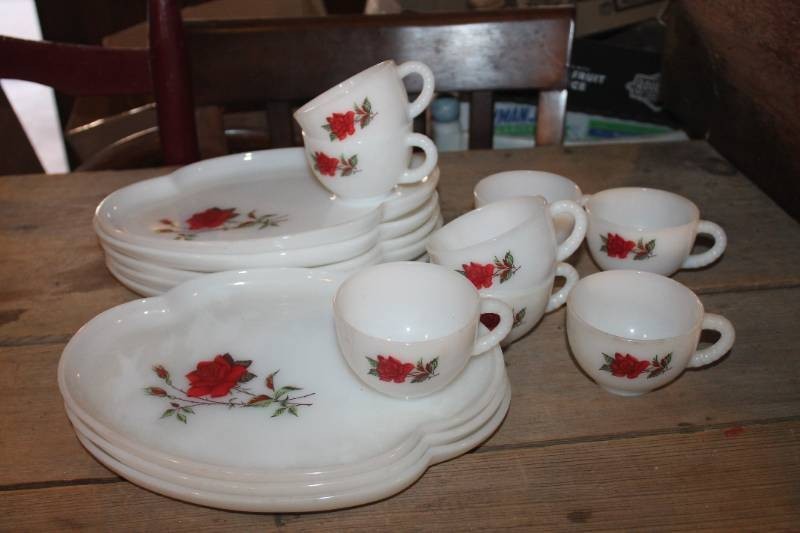 1940s-50s Federal Glass Rosecrest Milk Glass Snack Sets, 8 Two-Piece Sets 1940s-50s Federal Glass Rosecrest Milk Glass Snack Sets, 8 Two-Piece Sets