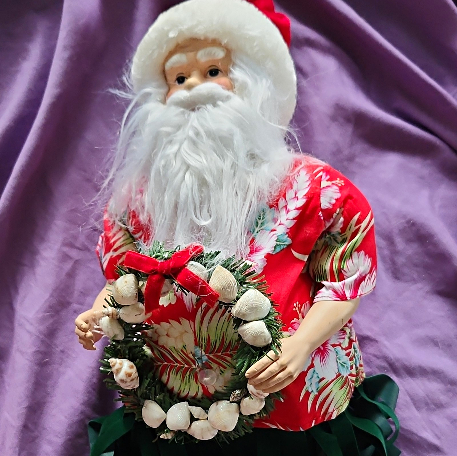 Santa Claus Christmas Figurine Floral Hawaiian Shirt w/ Wreath Tutu Flip Flops