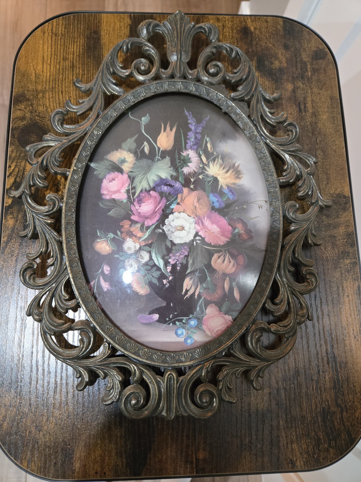 Vintage Italian Ornate Brass Oval Frame Convex Bubble Glass Floral Still Life 
