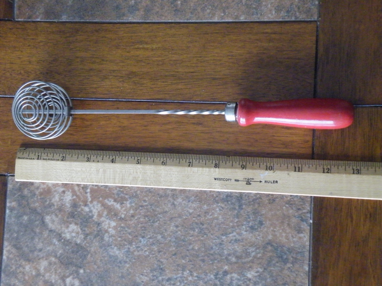 VINTAGE Handheld EGG BEATER Wire WHISK with RED Wood HANDLE Farmhouse KITCHEN