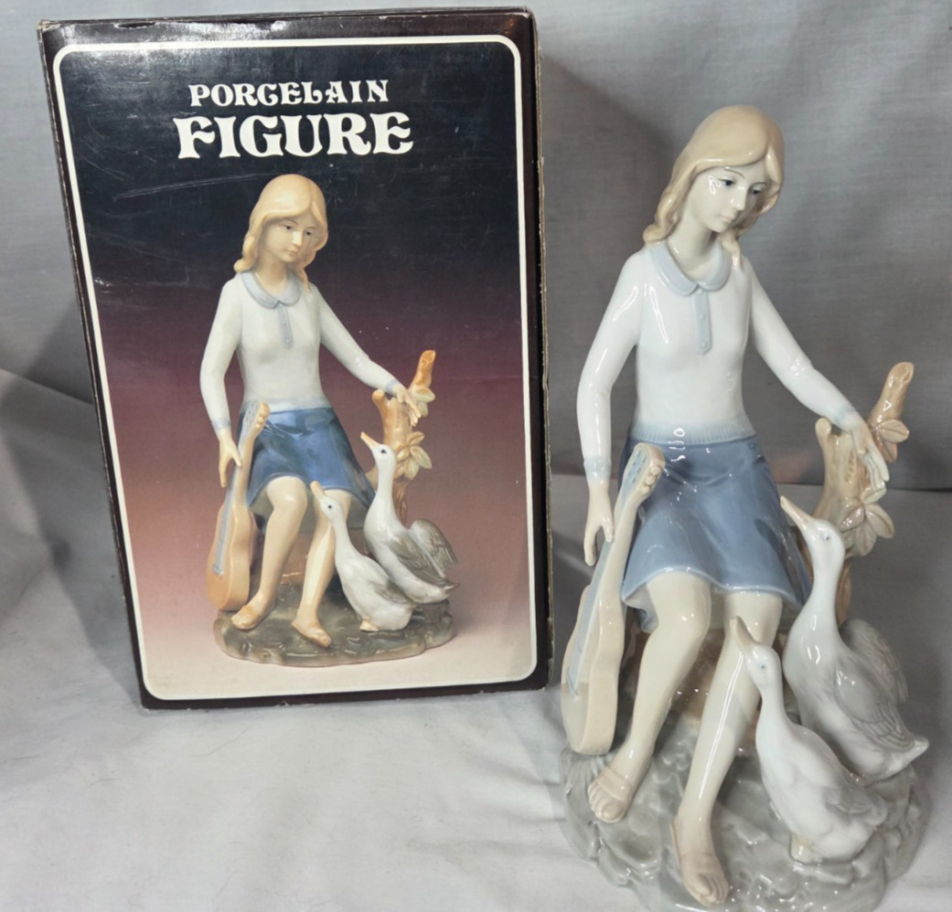Vtg 9'' Kmart Japan Porcelain Figure Girl w/Guitar & Geese Blue/White Glossy Vtg 9'' Kmart Japan Porcelain Figure Girl w/Guitar & Geese Blue/White Glossy