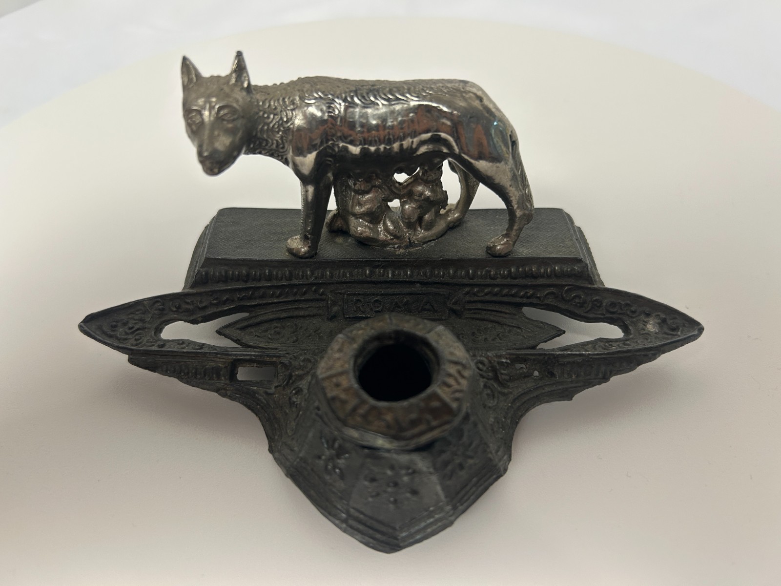 Rare Antique Pewter Capitoline She-Wolf Dual Inkwell Set - Stamped "ROMA"