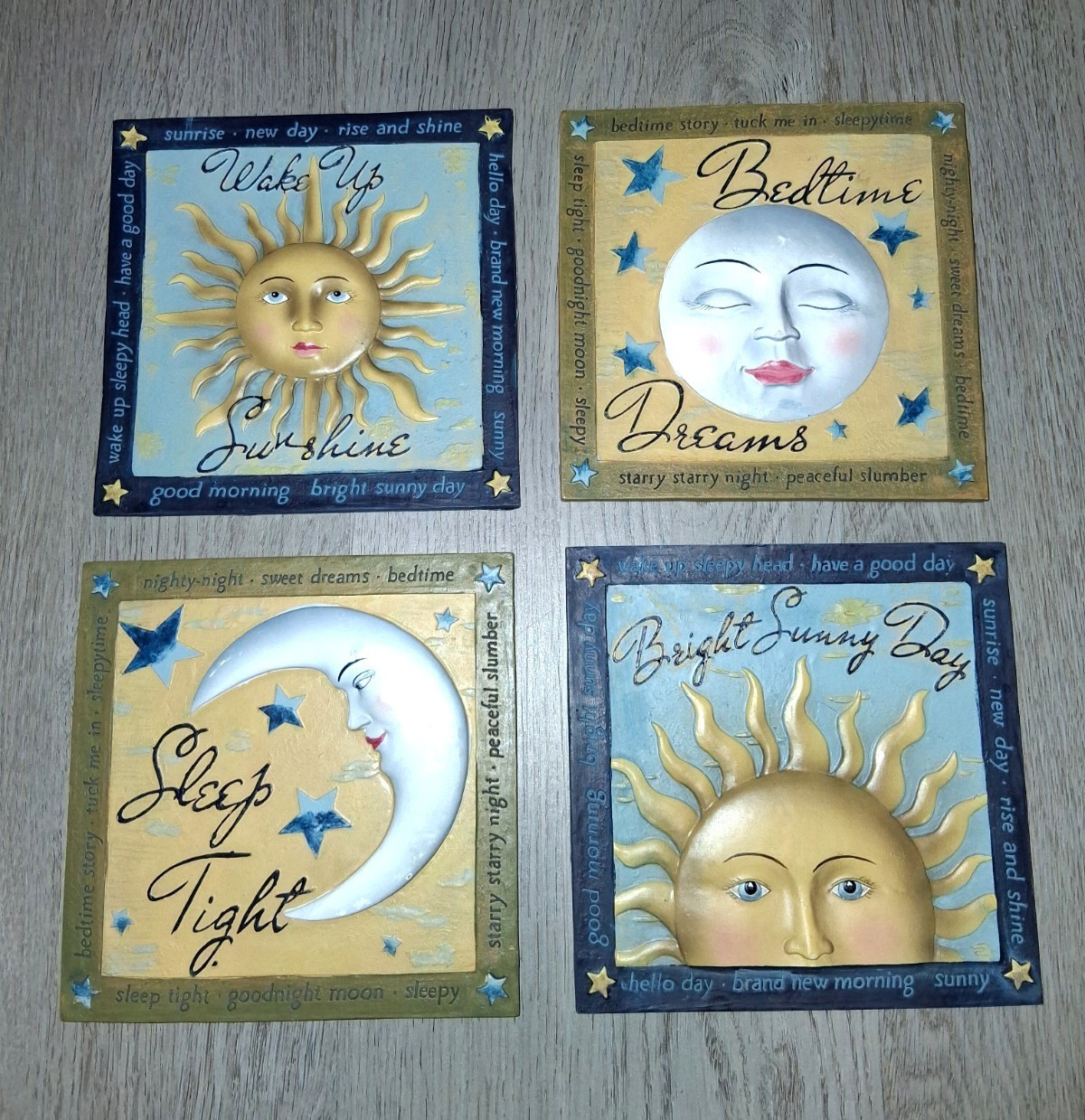 Vintage Set of 4 Celestial Sun Moon and Stars Hanging Wall Plaques Tiles Signs Vintage Set of 4 Celestial Sun Moon and Stars Hanging Wall Plaques Tiles Signs