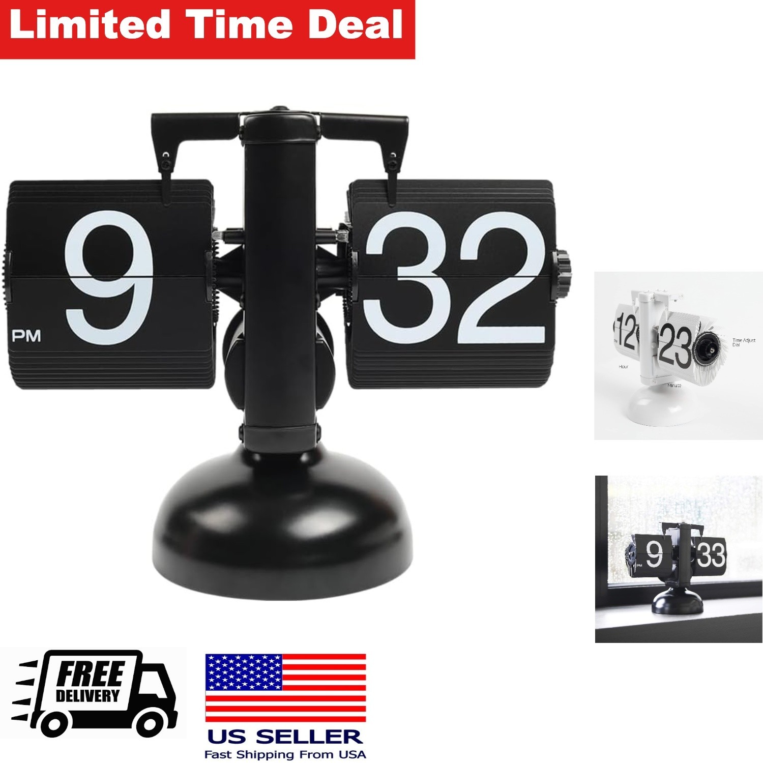 Retro Vintage Desk Clock Black Classical Flip Design AM PM Indicator Retro Vintage Desk Clock Black Classical Flip Design AM PM Indicator