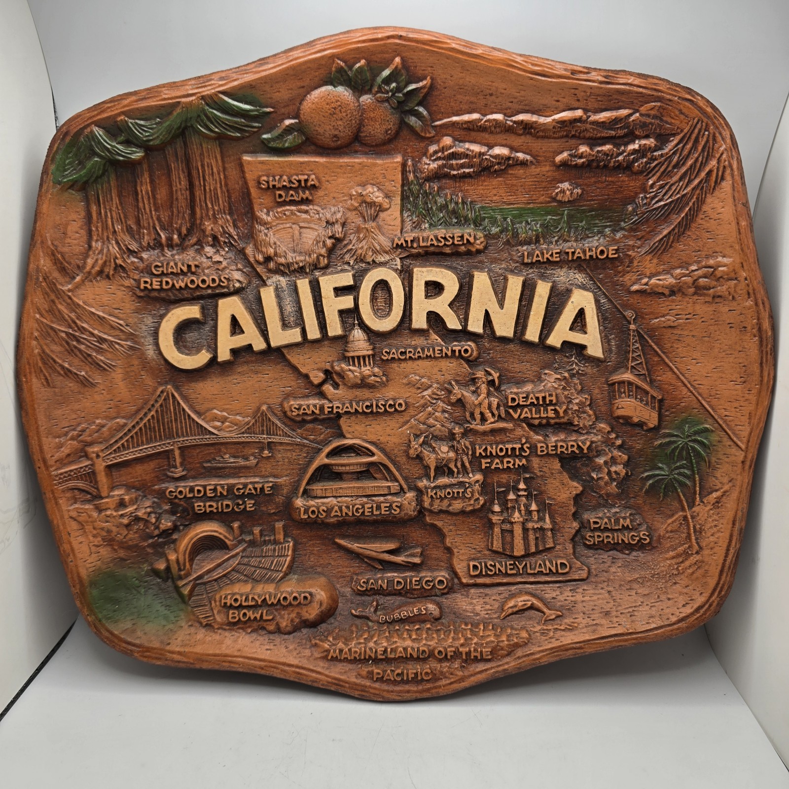 Vintage California Souvenir Wall Hanging Tray Wood Look Resin Landmarks ASMCO 