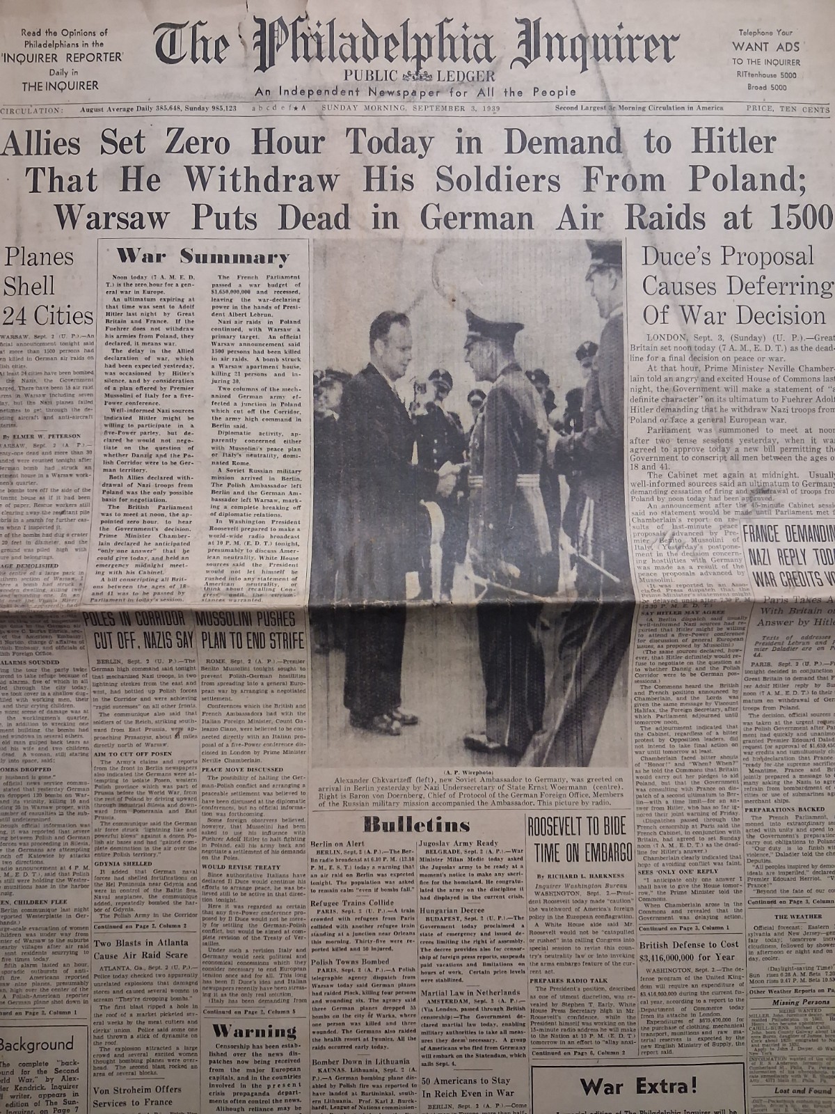 1939 THE PHILADELPHIA INQUIRER Sept 3 POLAND INVASION 1939 THE PHILADELPHIA INQUIRER Sept 3 POLAND INVASION