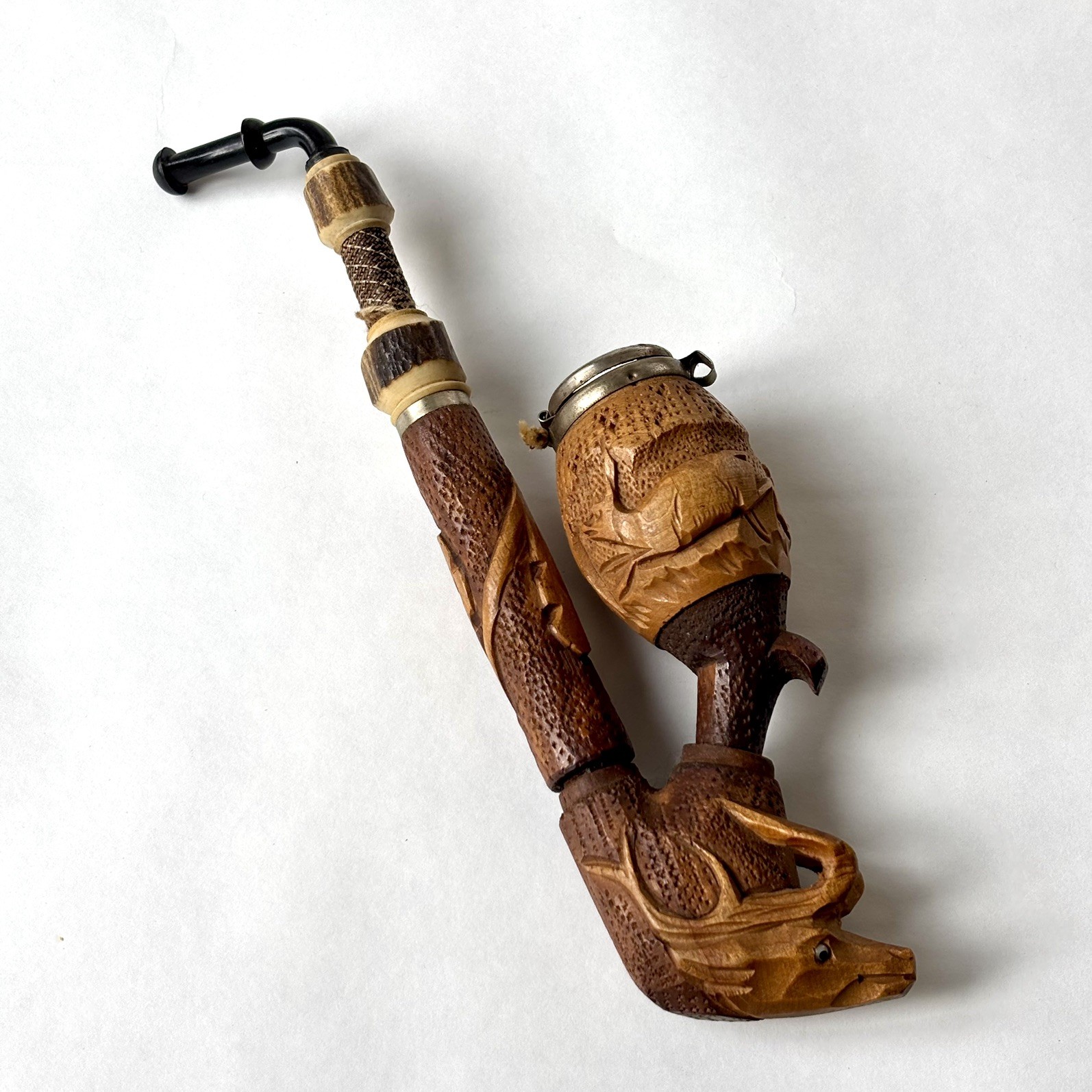 Antique Smoking Tobacco Pipe Hand Carved Wood Deer Forest Stag Hunter Folk Art Antique Smoking Tobacco Pipe Hand Carved Wood Deer Forest Stag Hunter Folk Art