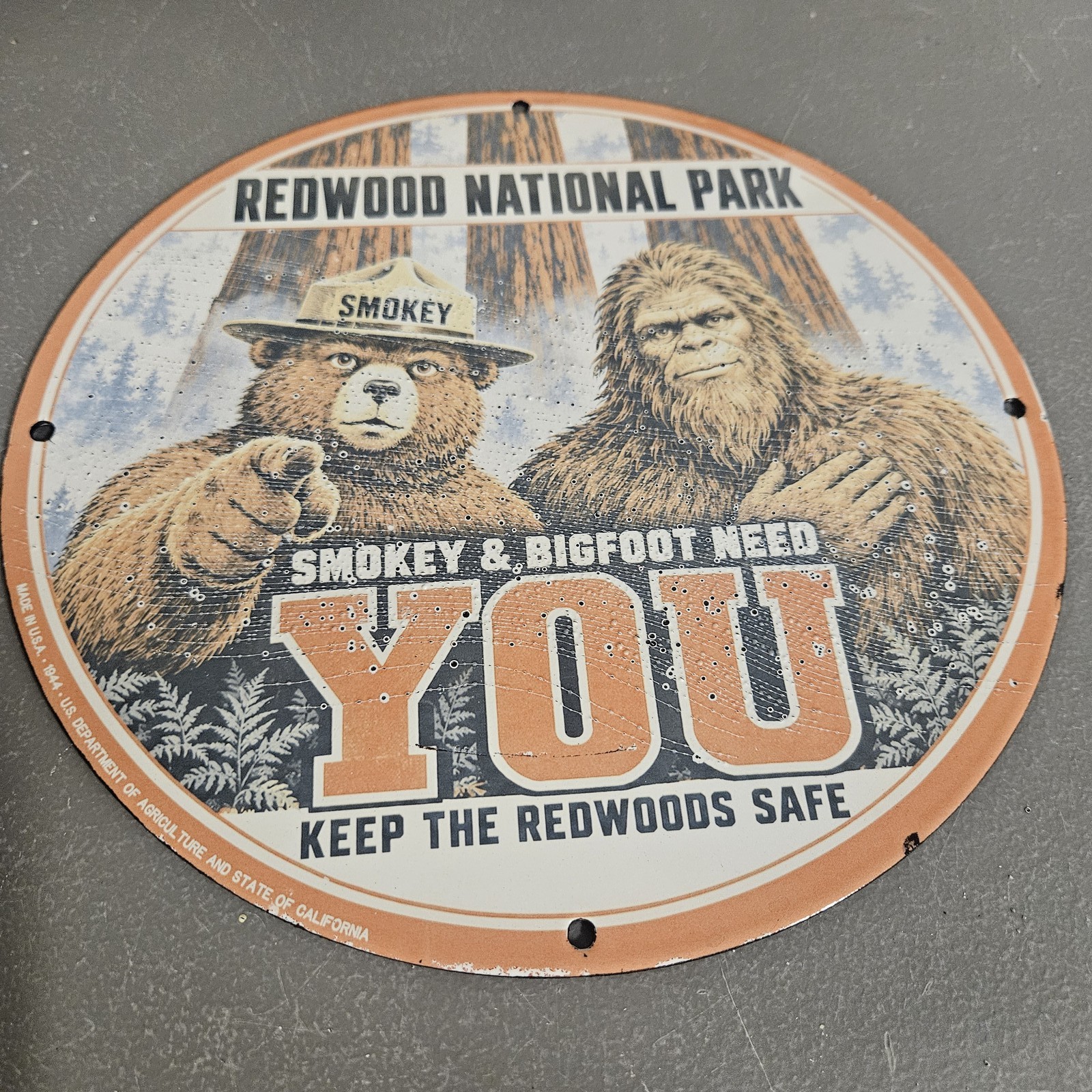 VINTAGE 1944 REDWOOD NATIONAL PARK 12" PORCELAIN SIGN SMOKEY BIGFOOT NEED YOU VINTAGE 1944 REDWOOD NATIONAL PARK 12" PORCELAIN SIGN SMOKEY BIGFOOT NEED YOU