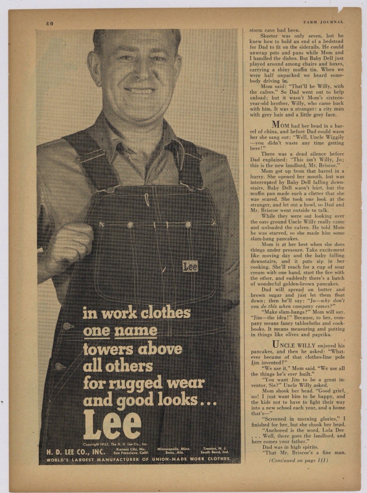 1952 H.D. Lee Co. Ad: Union Made Work Clothes, Blue Jeans, Over Alls - KC MO 1952 H.D. Lee Co. Ad: Union Made Work Clothes, Blue Jeans, Over Alls - KC MO