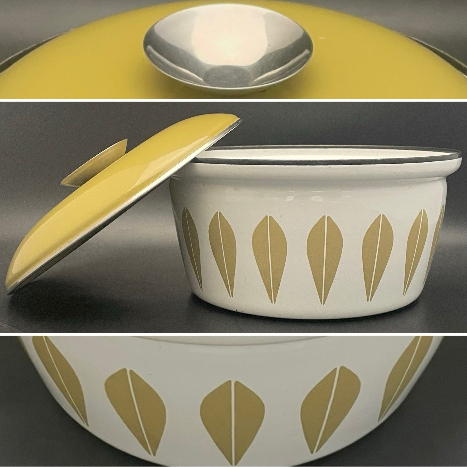 Cathrineholm Enamelware Casserole Mustard Green Lotus on White Norway 8.5" 2.5qt