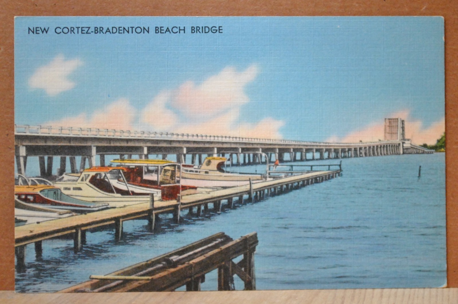 Linen New Cortez Bradenton Beach Draw Bridge Boats Dock  Florida FL vintage