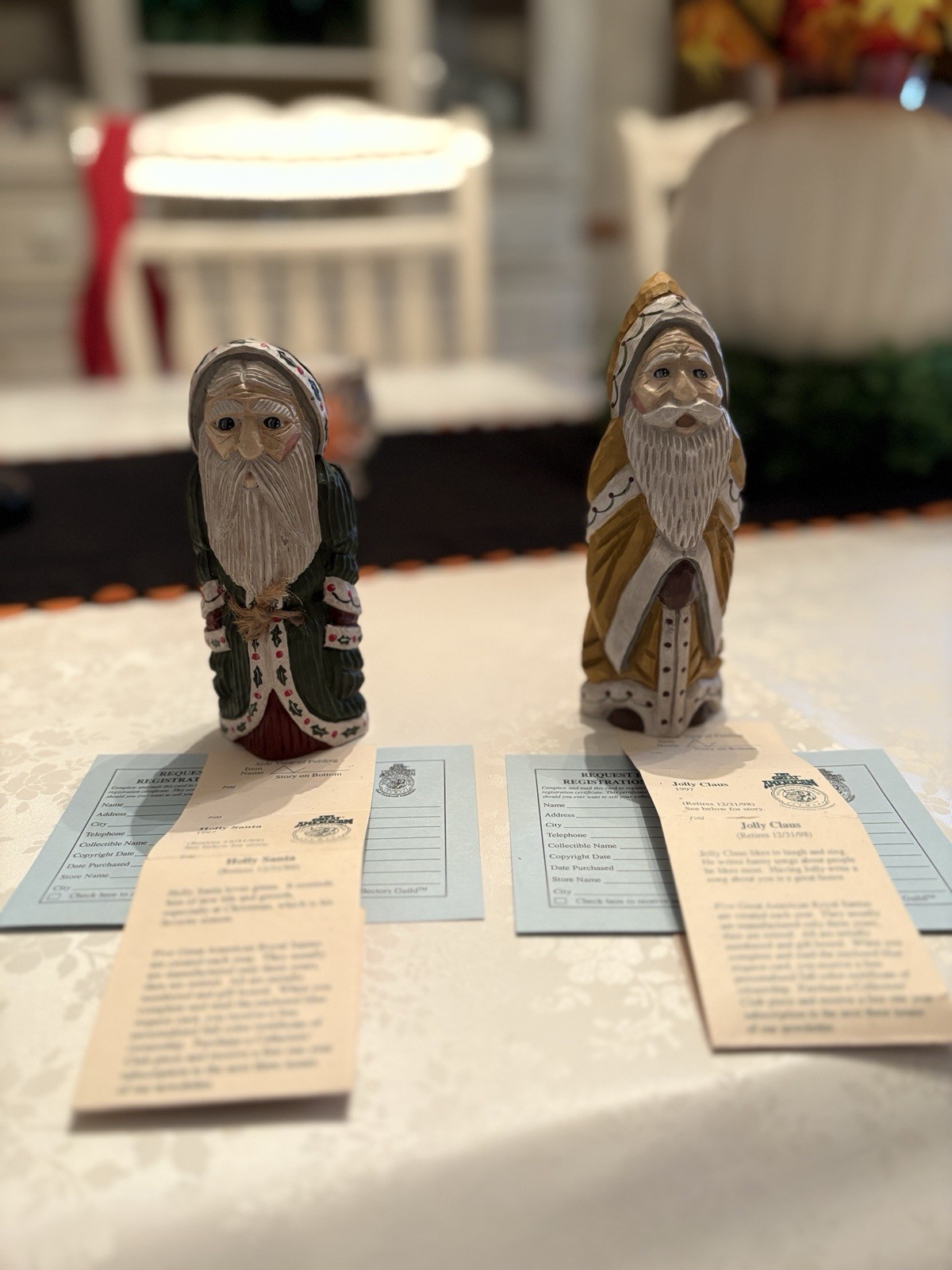 Vintage Hand-Carved Jolly Claus Santa Figurines Set of 2 w/ Registration Cards