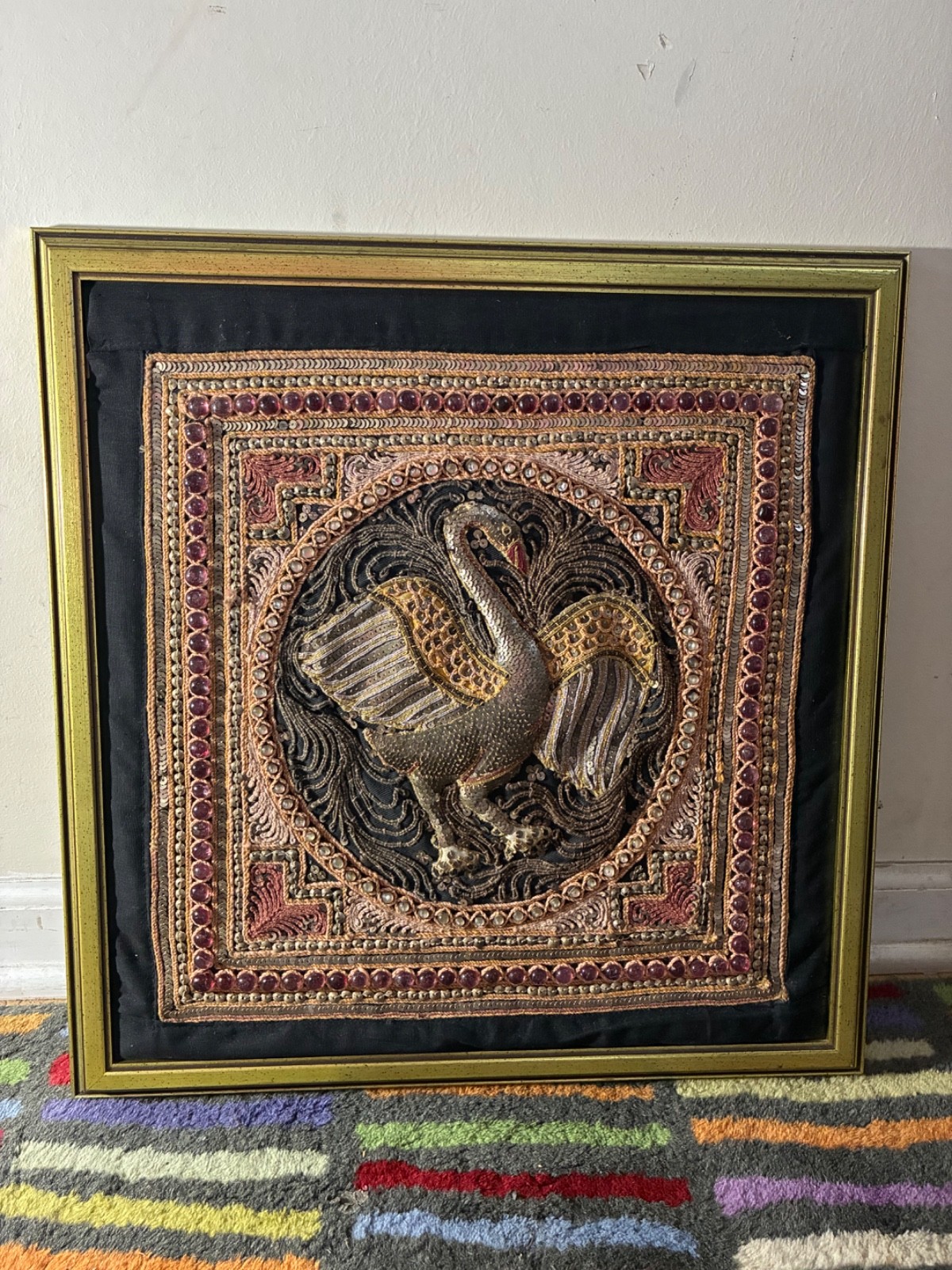 Vtg Burmese Kalaga Tapestry Embroidered Swan Sequins & Beads Gold Frame-18 X 17” Vtg Burmese Kalaga Tapestry Embroidered Swan Sequins & Beads Gold Frame-18 X 17”