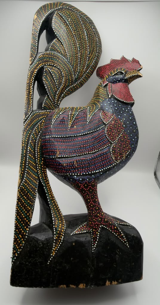 Vintage Hand Carved Wood Rooster Statue 19in Dot Art Folk Art Decor Figurine