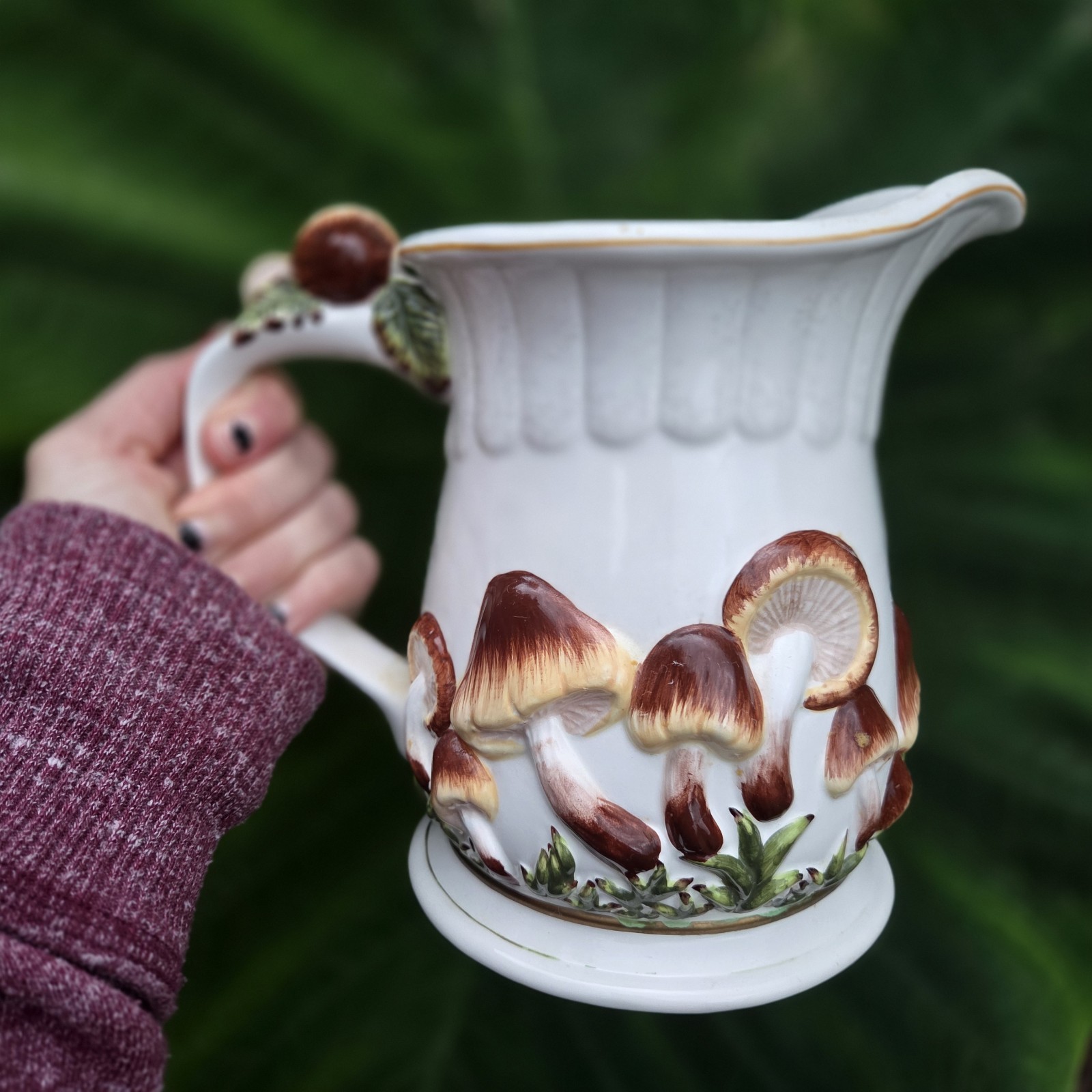 Vintage 1970s Cottagecore KK Ceramics Glazed Mushroom Pitcher with Handle Vintage 1970s Cottagecore KK Ceramics Glazed Mushroom Pitcher with Handle