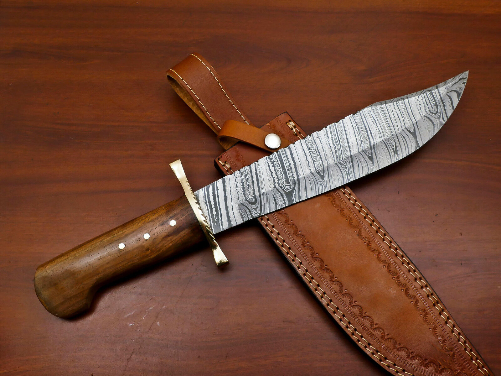 CUSTOM HAND MADE DAMASCUS BLADE STEEL BOWIE HUNTING KNIFE- ROSE WOOD - HB-4398