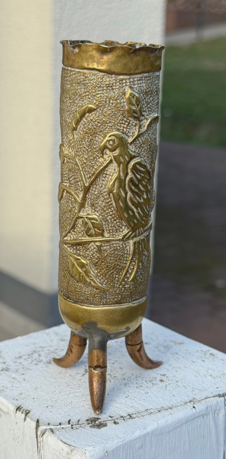 Rare WWI / WWII Trench Art Brass Shell Casing Vase Bird Embossed 3 Legged Stand