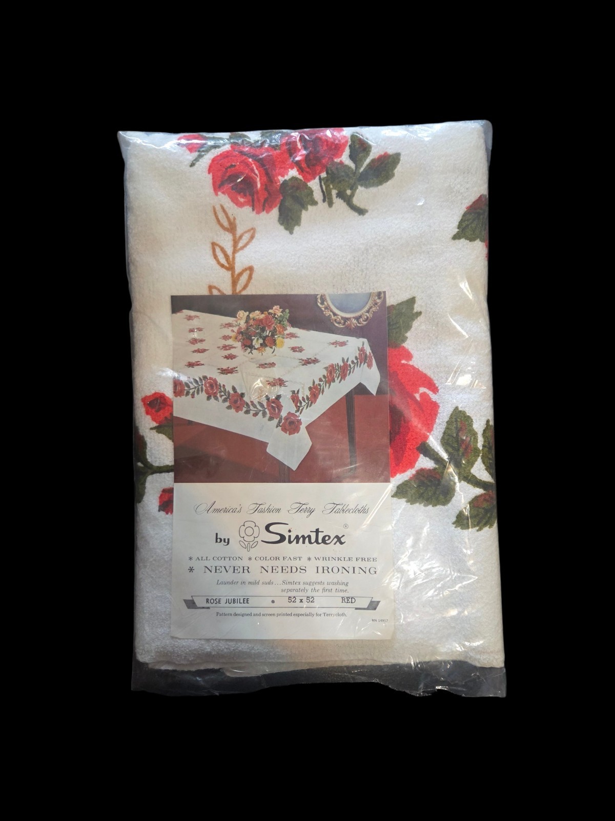 NOS Vintage Simtex Terry Tablecloth 52" x 52" Red Roses Rose Jubilee Towel 