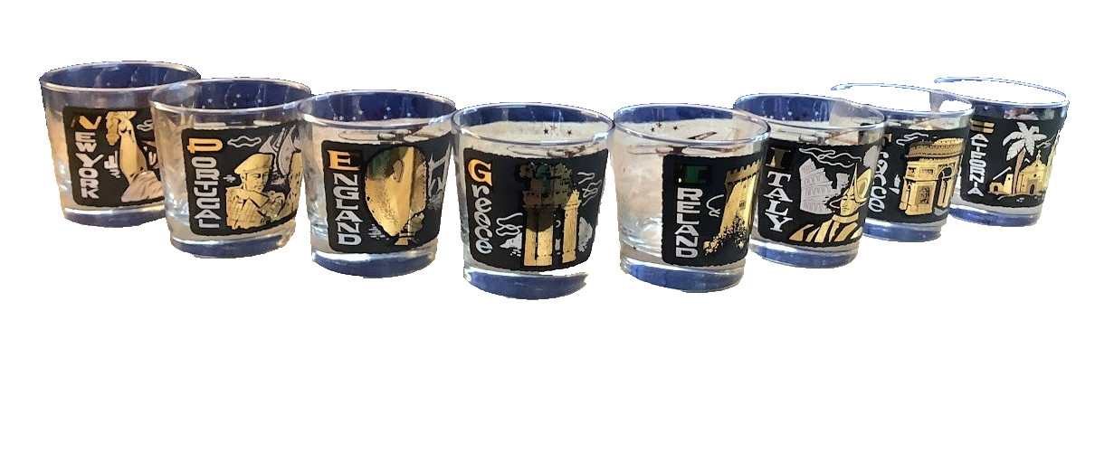 Vintage TWA Libbey destination cocktail lowball/rocks glasses set of 8, blk&gold Vintage TWA Libbey destination cocktail lowball/rocks glasses set of 8, blk&gold