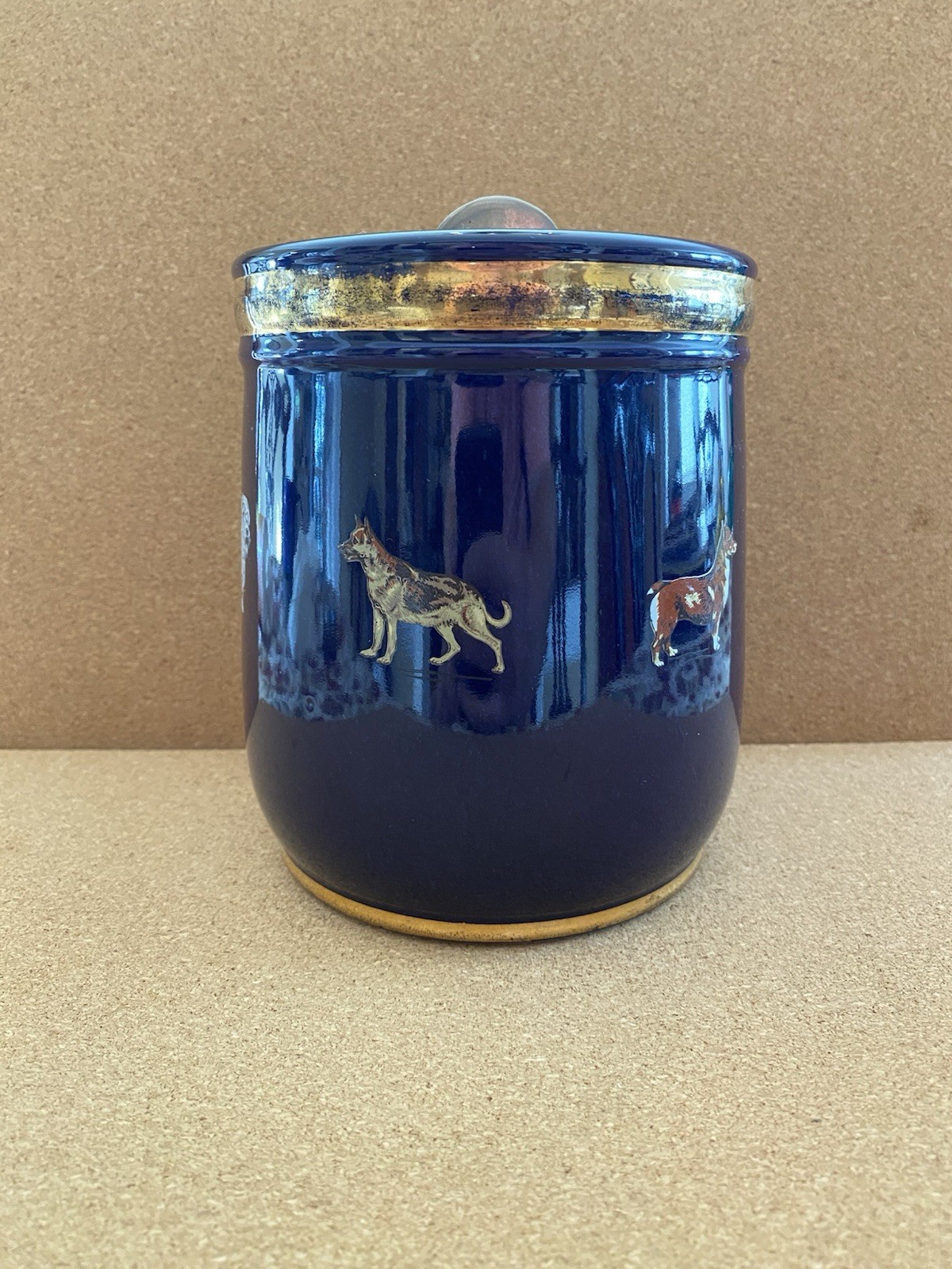Antique Royal Doulton Lambeth Tobacco Jar Cobalt With Dog Breed Decoration Antique Royal Doulton Lambeth Tobacco Jar Cobalt With Dog Breed Decoration