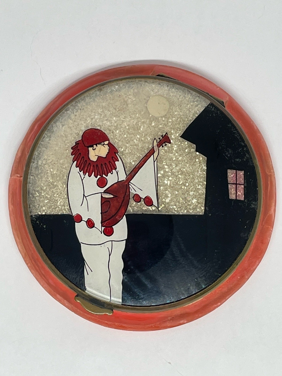 French Glitter Compact Pierrot Mandolin Moon Celluloid RARE Vintage