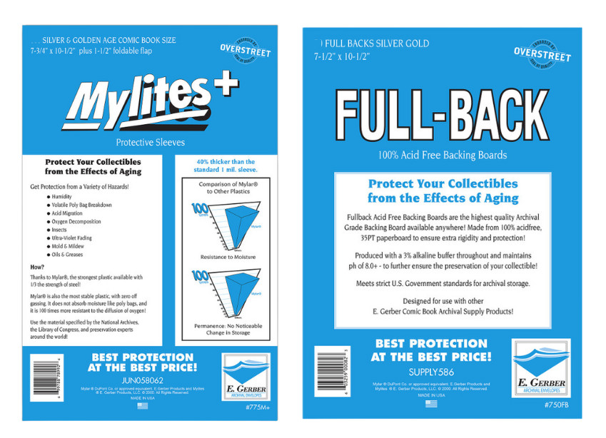 100 E Gerber Mylites+ 1.42mil silver-Golden Mylar Bags & 100 Full Back Boards 100 E Gerber Mylites+ 1.42mil silver-Golden Mylar Bags & 100 Full Back Boards