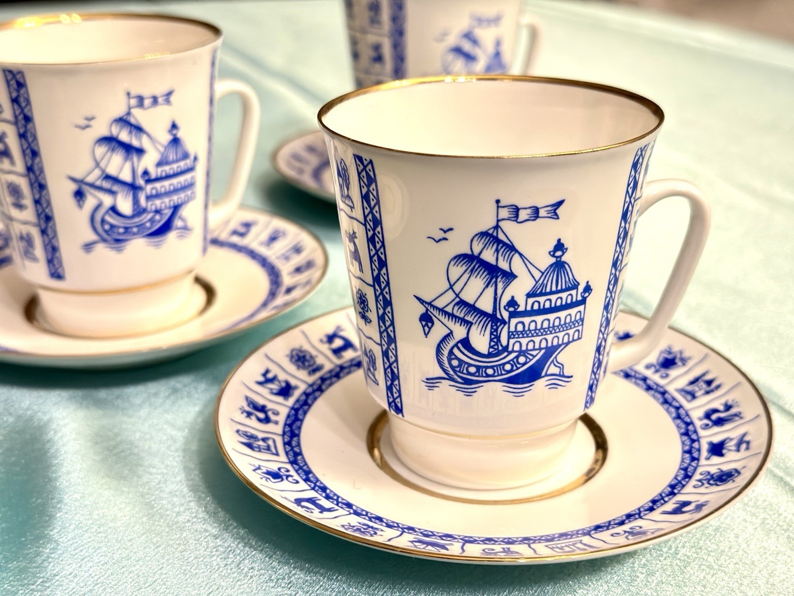 Vintage USSR LFZ Lomonosov May 5 Cups & Saucers Blue Ship Gold Bone China Vintage USSR LFZ Lomonosov May 5 Cups & Saucers Blue Ship Gold Bone China
