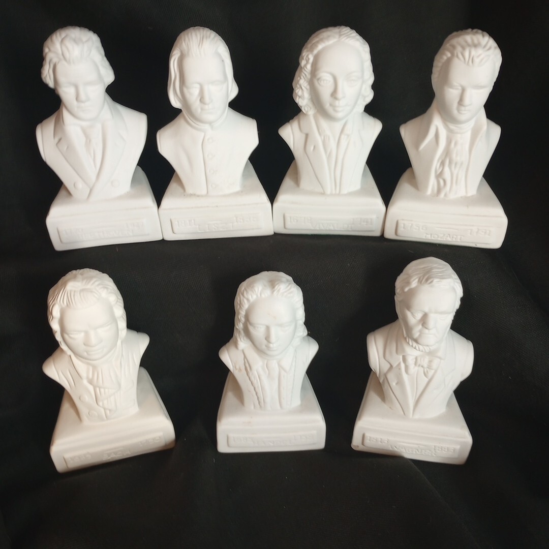 Vtg Set of 7 Willis Music Co. Composers White Porcelain Bisque Busts 5" x 3" Vtg Set of 7 Willis Music Co. Composers White Porcelain Bisque Busts 5" x 3"