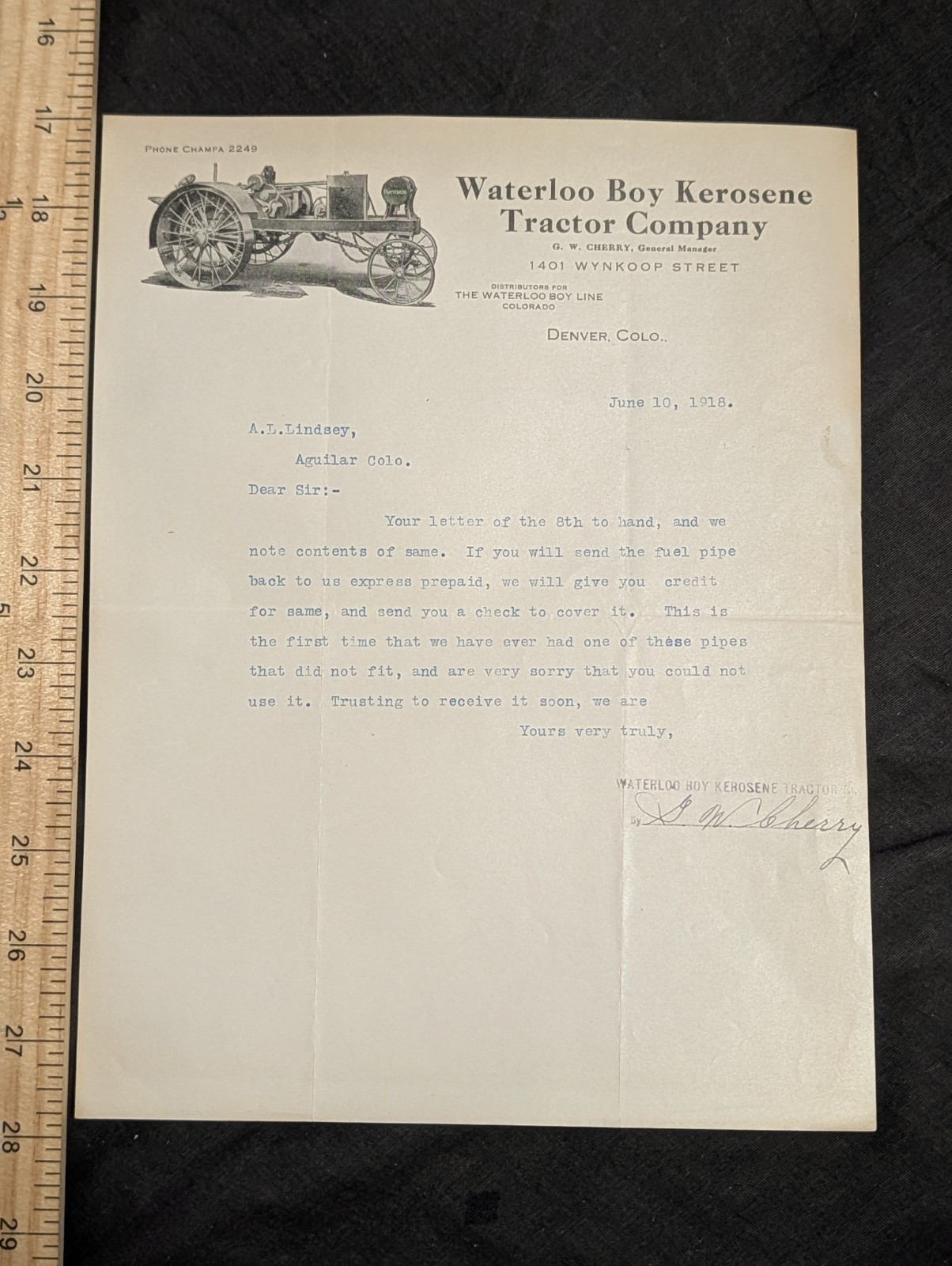 rare HTF Antique Historical 1918 Waterloo boy kerosene tractor letter head. 