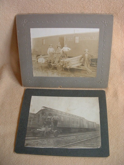 2) Antique Railroad Cabinet Card Photos Hand Car & Tool Cars Photo Pair