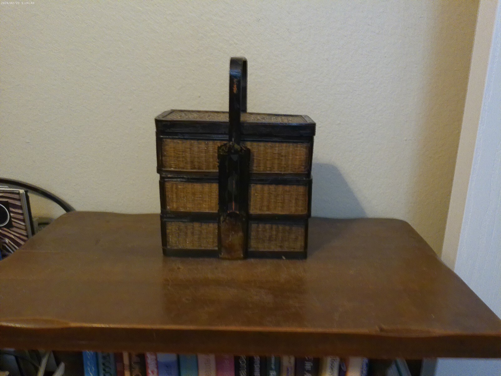 Vintage Chinese Handled Wood and Metal Wedding Basket with Three Compartments