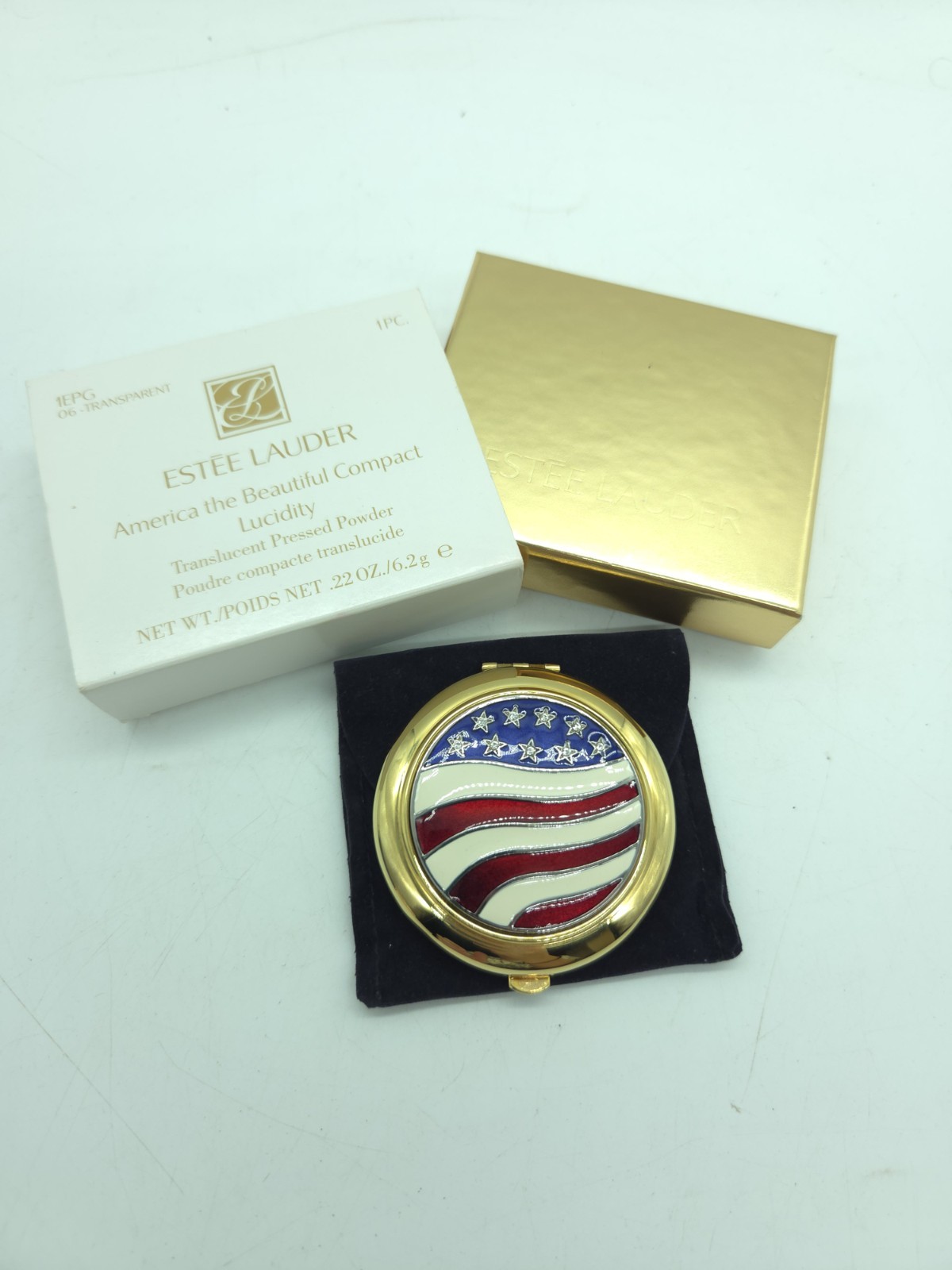Estee Lauder America The Beautiful Gold Tone Enamel Lucidity Crystal Compact Estee Lauder America The Beautiful Gold Tone Enamel Lucidity Crystal Compact