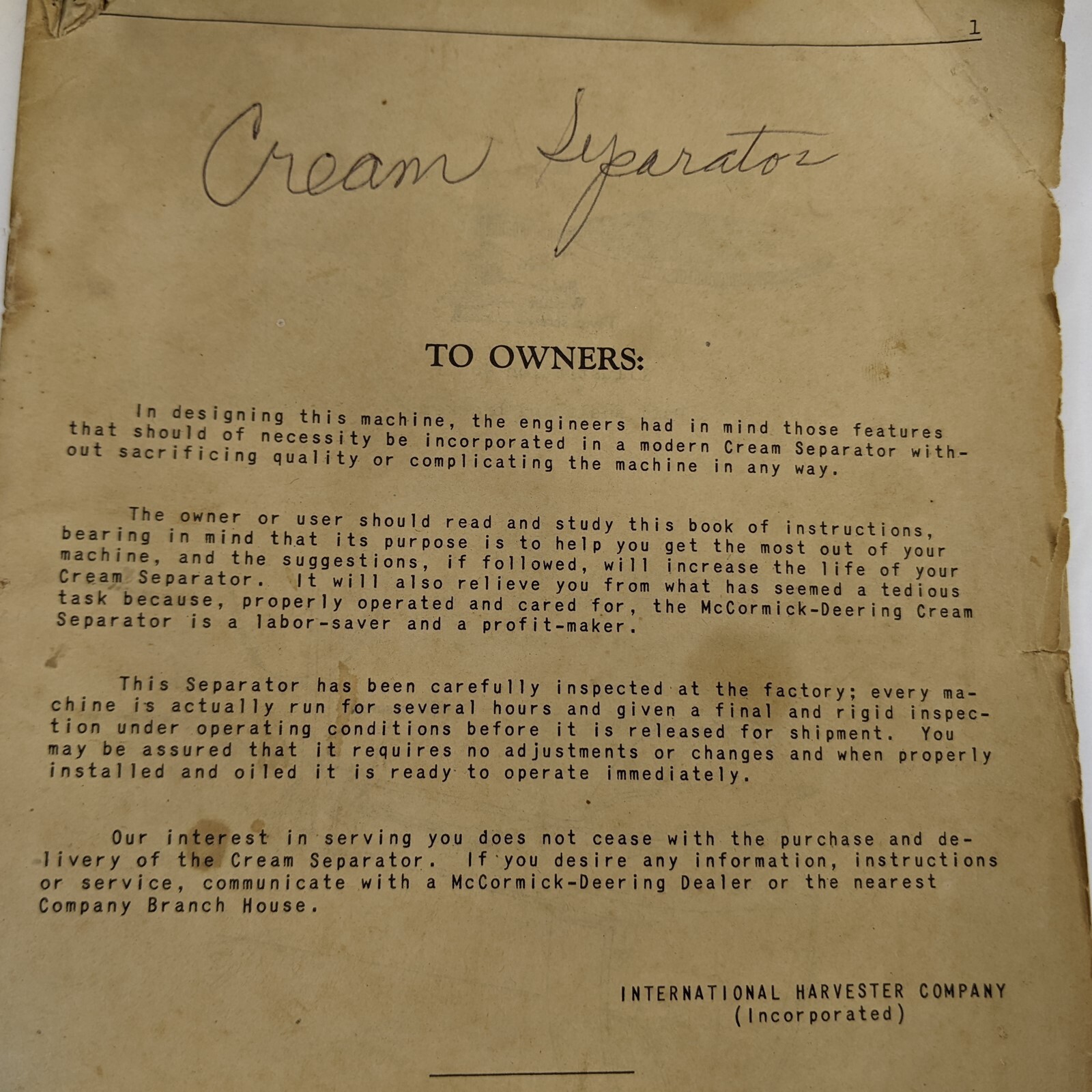 c1920s McCormick International Harvester Cream Separator Instruction Manual 5D c1920s McCormick International Harvester Cream Separator Instruction Manual 5D