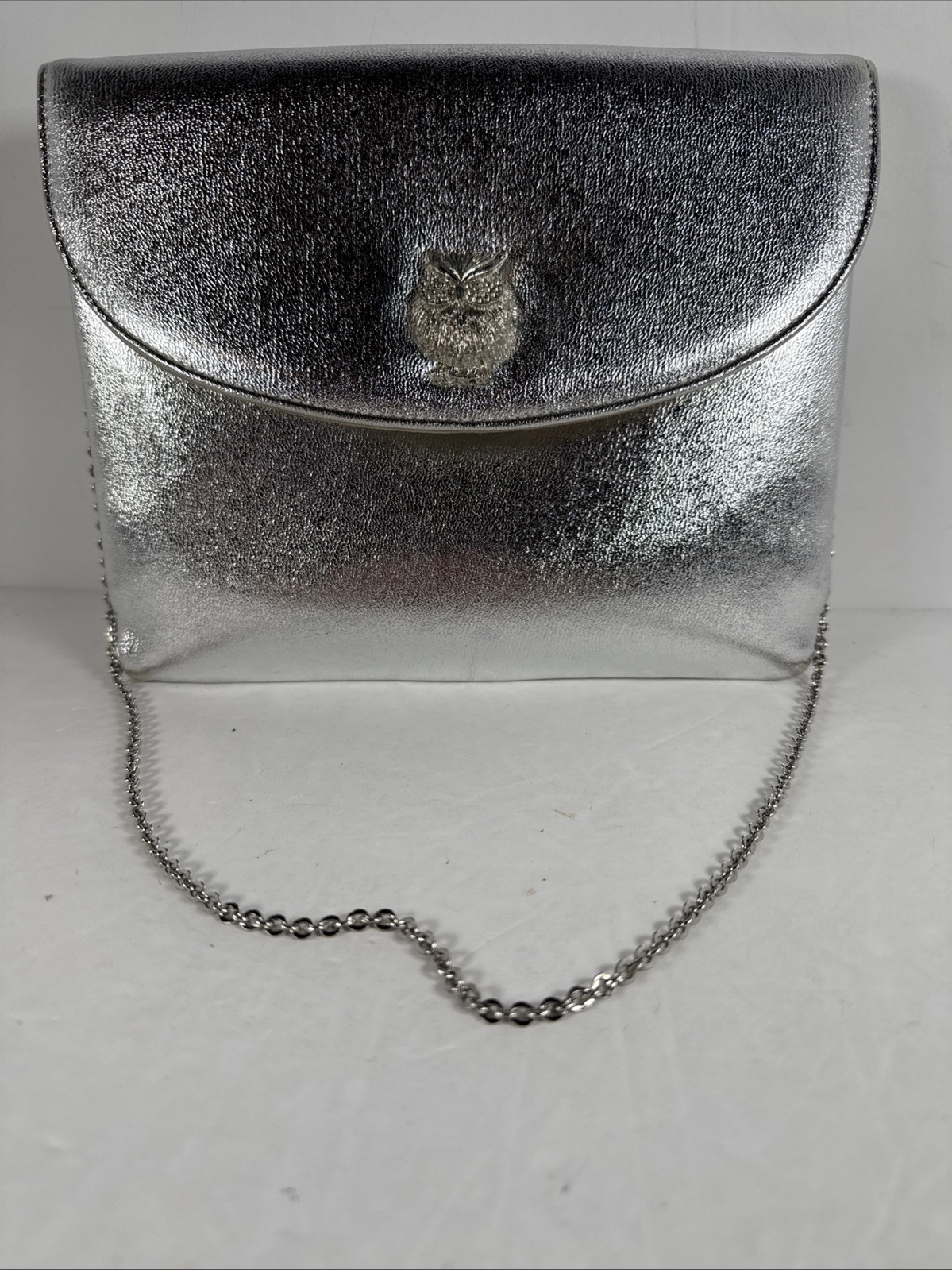 VTG Miss Lewis Brand Silver Leather Shoulder Bag Clutch Handbag w/Owl Accent GUC VTG Miss Lewis Brand Silver Leather Shoulder Bag Clutch Handbag w/Owl Accent GUC