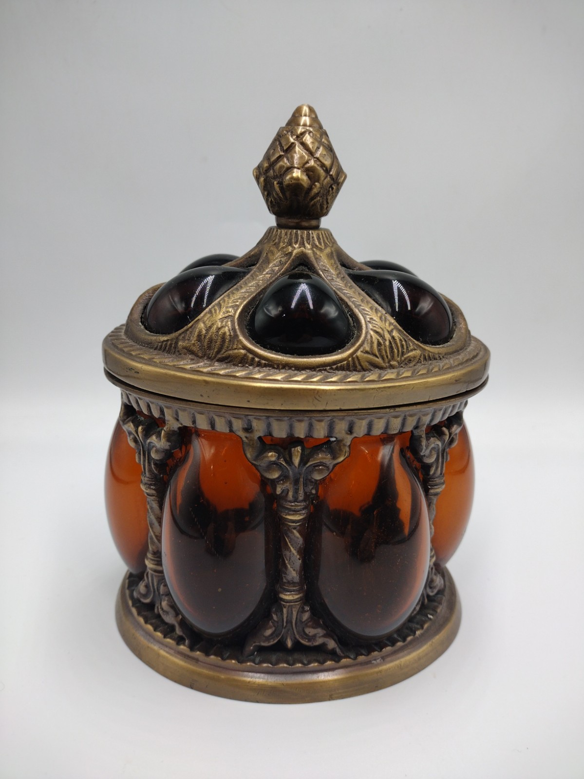 Vintage Amber Glass Hand Blown Bubble Glass Lidded Brass Caged Apothecary Jar Vintage Amber Glass Hand Blown Bubble Glass Lidded Brass Caged Apothecary Jar