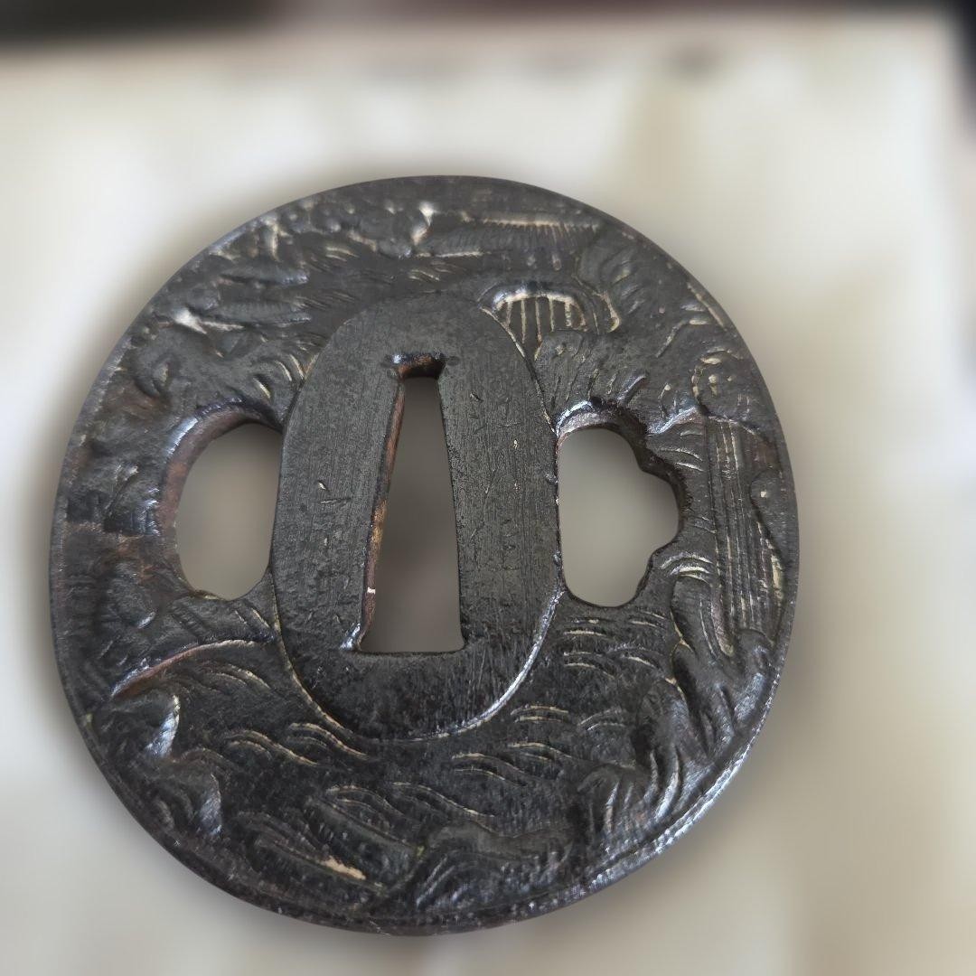 Iron Tsuba Japanese Sword Guard Round Carved Landscape Design with Box Iron Tsuba Japanese Sword Guard Round Carved Landscape Design with Box