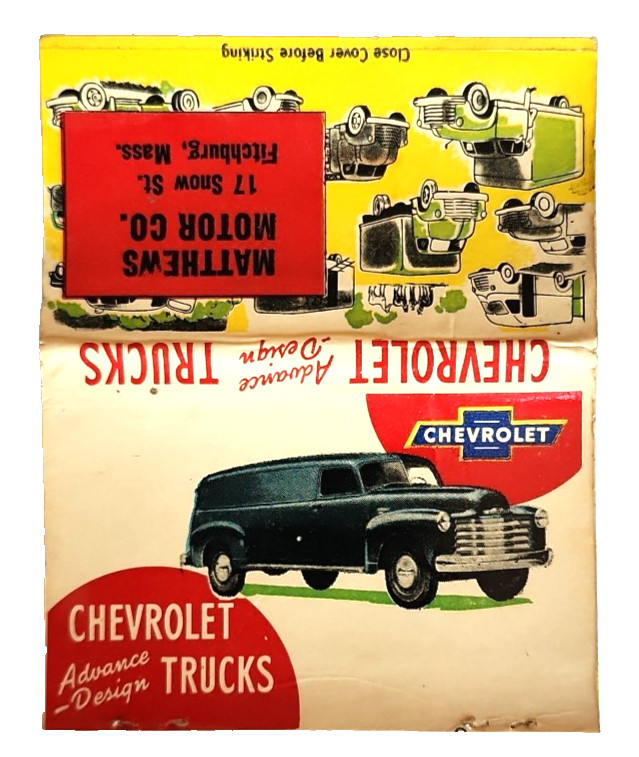 1940s Matthews Motor Chevrolet Dealer Vintage Matchbook Cover Fitchburg Mass 1940s Matthews Motor Chevrolet Dealer Vintage Matchbook Cover Fitchburg Mass